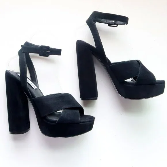 Steve Madden Jodi Black Suede Leather Platform Ankle Strap High Heel Sandals 7 - Picture 13 of 14